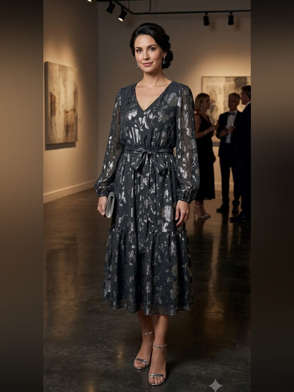 INC International Concepts Slate Blue Metallic Floral V-Neck Midi Dress